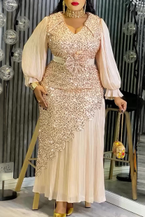 Champagne Elegant Solid Color Sequins O Neck Long Plus Size Dresses
