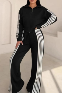 Black Casual Stripe Contrast Zipper Collar Long Sleeve Two Pieces