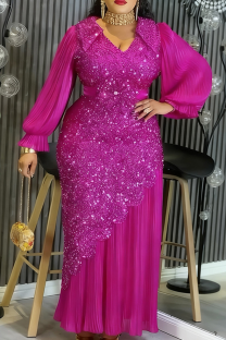 Rose Red Elegant Solid Color Sequins O Neck Long Plus Size Dresses