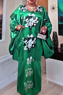 Green Casual Sequins V Neck Long Dresses
