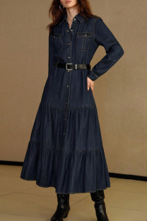Deep Blue Casual Solid Color Buckle Turndown Collar Long Sleeve Loose Denim Dresses