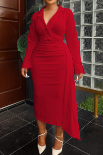 Red Casual Solid Color Buttons Turndown Collar Irregular Plus Size Dresses