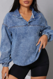 Blue Casual Solid Color Patchwork Turndown Collar Tops