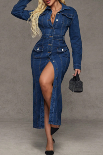 Deep Blue Casual Solid Color Buckle Turndown Collar Long Sleeve Bodycon Denim Dresses