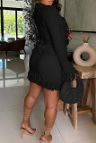 Black Casual Solid Color Fringed Trim Turndown Collar Long Sleeve Two Pieces