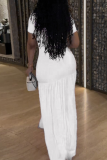White Elegant Solid Color High Slit O Neck Long Dresses