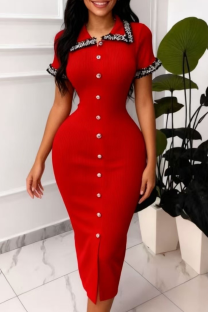 Red Elegant Solid Color Buckle Turndown Collar Wrapped Skirt Dresses