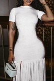 White Elegant Solid Color High Slit O Neck Long Dresses