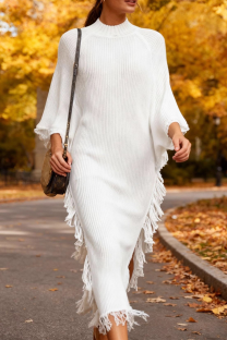 White Casual Solid Color Fringed Trim Turtleneck Irregular Dresses