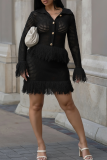 Black Casual Solid Color Fringed Trim Turndown Collar Long Sleeve Two Pieces