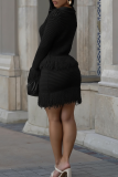 Black Casual Solid Color Fringed Trim Turndown Collar Long Sleeve Two Pieces