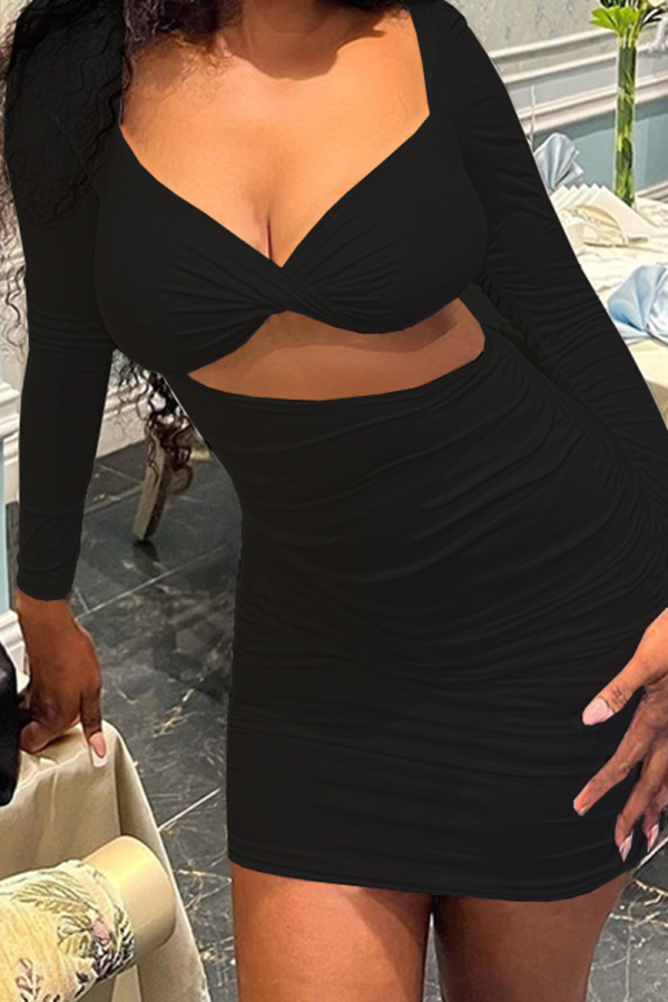 Black Sexy Solid Color Hollow Out Asymmetrical Collar Wrapped Skirt Dresses
