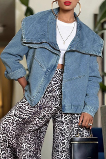 Blue Casual Solid Color Patchwork Turndown Collar Long Sleeve Loose Denim Jacket