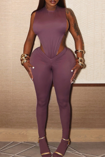 Purple Sexy Solid Color Backless O Neck Skinny Jumpsuits