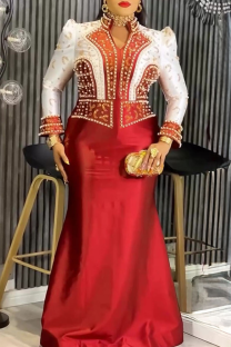 Red Elegant Solid Color Beading Mandarin Collar Long Plus Size Dresses