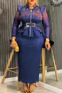 Blue Casual Solid Color Hot Drill Mandarin Collar Plus Size Two Pieces