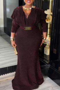 Red Elegant Solid Color Ruched V Neck Long Plus Size Dresses