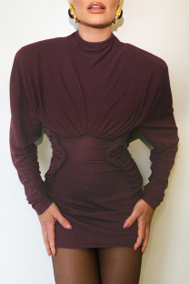 Burgundy Casual Solid Color Ruched O Neck Wrapped Skirt Dresses