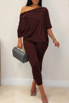 Brown Casual Solid Color Patchwork O Neck Half Sleeve Two Pieces