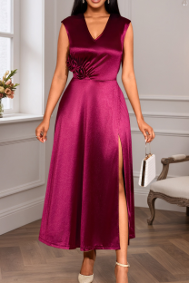 Burgundy Elegant Solid Color Flower Shape V Neck Long Dresses