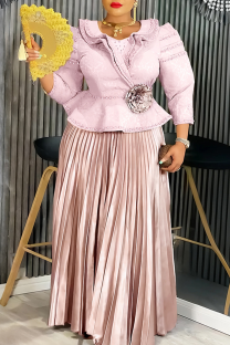Pink Elegant Solid Color Pleated V Neck Long Plus Size Dresses