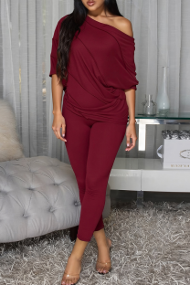 Burgundy Casual Solid Color Patchwork O Neck Half Sleeve Two Pieces