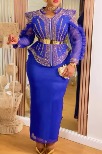 Blue Elegant Solid Color Stringy Selvedge Mandarin Collar Long Plus Size Dresses