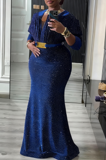 Blue Elegant Solid Color Ruched V Neck Long Plus Size Dresses