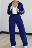 Deep Blue Casual Stripe Contrast Zipper Collar Long Sleeve Two Pieces