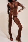 Green Casual Stripe Contrast Zipper Collar Long Sleeve Two Pieces