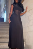 Black Elegant Solid Color See-Through O Neck Long Dresses