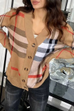 Light Brown Casual Plaid Buckle V Neck Outerwear