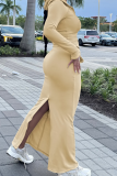 Light Yellow Casual Solid Color Zipper Hooded Long Sleeve Two Pieces
