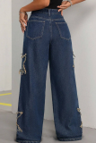 Blue Casual The stars Patchwork Loose Mid Waist Conventional Patchwork Bottoms