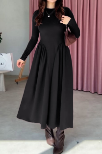 Black Elegant Solid Color Ruched O Neck Long Plus Size Dresses