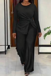 Black Casual Solid Color Ruched O Neck Plus Size Two Pieces
