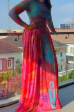 Blue Red Elegant Print Ruched O Neck Long Dresses