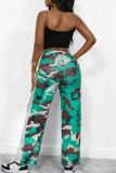 Army Green Casual Camouflage Print Contrast Loose Mid Waist Wide Leg Full Print Bottoms