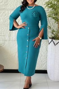 Green Elegant Solid Color Flower Shape O Neck Wrapped Skirt Dresses