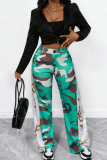 Army Green Casual Camouflage Print Contrast Loose Mid Waist Wide Leg Full Print Bottoms