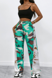 Army Green Casual Camouflage Print Contrast Loose Mid Waist Wide Leg Full Print Bottoms