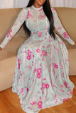 White Elegant Print Ruched O Neck Long Dresses
