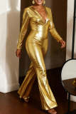 Gold Casual Solid Color Patchwork V Neck Regular Jumpsuits
