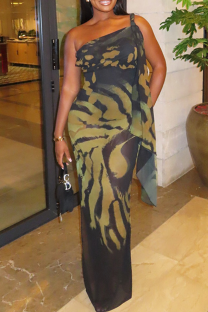 Black Elegant Print Slit Oblique Collar Long Dresses
