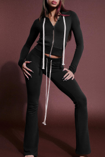 Black Casual Solid Color Draw String Hooded Long Sleeve Two Pieces