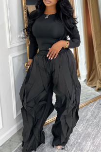 Black Slim Long Sleeve Ruched Wide Leg Pants Two Piece Set Minimalist Elegant Casual Fashion Outfit