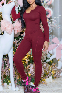 Burgundy Casual Solid Color Patchwork V Neck Long Sleeve Two Pieces