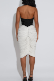 Black Color Block Ruched Sleeveless Dress Slim Elegant Fashion Waist Midi Dress