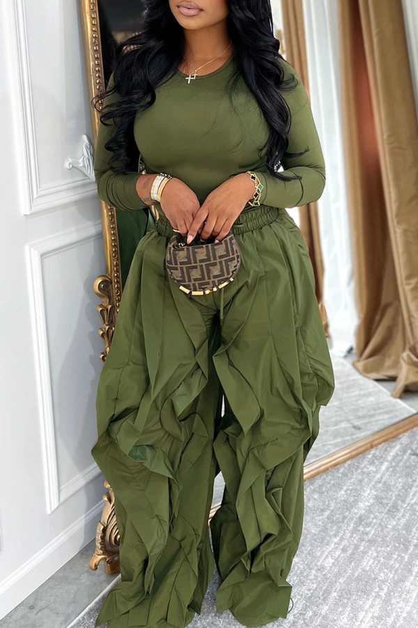 Green Slim Long Sleeve Ruched Wide Leg Pants Two Piece Set Minimalist Elegant Casual Fashion Outfit
