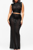 Black Sexy Solid Color Hot Drill Half A Turtleneck Sleeveless Two Pieces